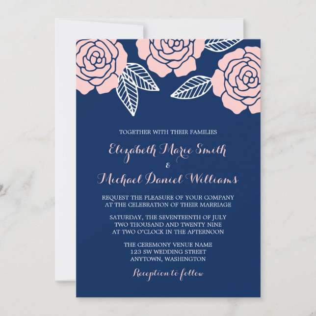 Invitation Mariage bleu marine moderne et rose pâle (Devant)