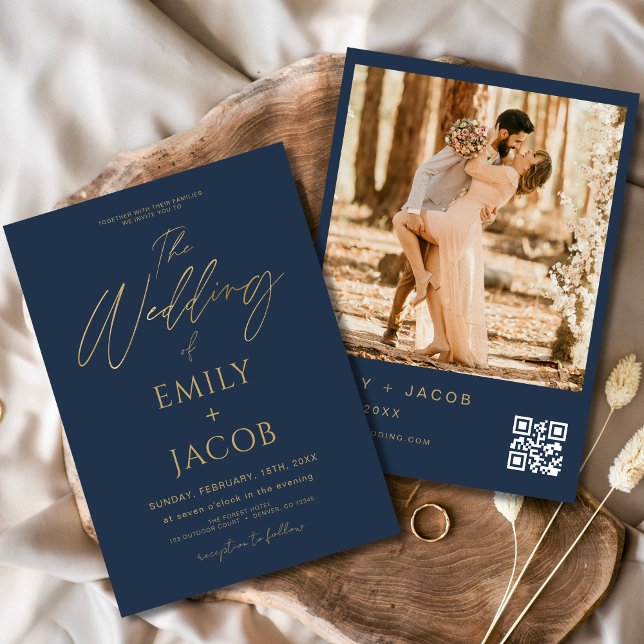Invitation Mariage bleu marine or QR Code photo Script (Créateur téléchargé)