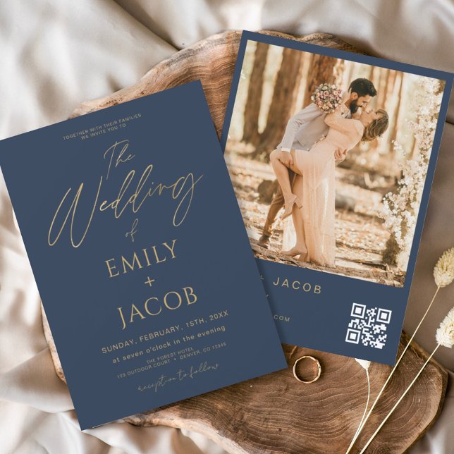 Invitation Mariage bleu marine or QR Code photo Script (Créateur téléchargé)
