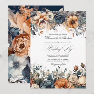 Invitation Mariage bleu marine, orange brûlé et champagne