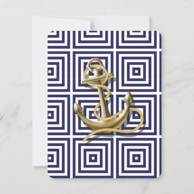 Invitation Mariage bleu marine plage ancre nautique (Devant)