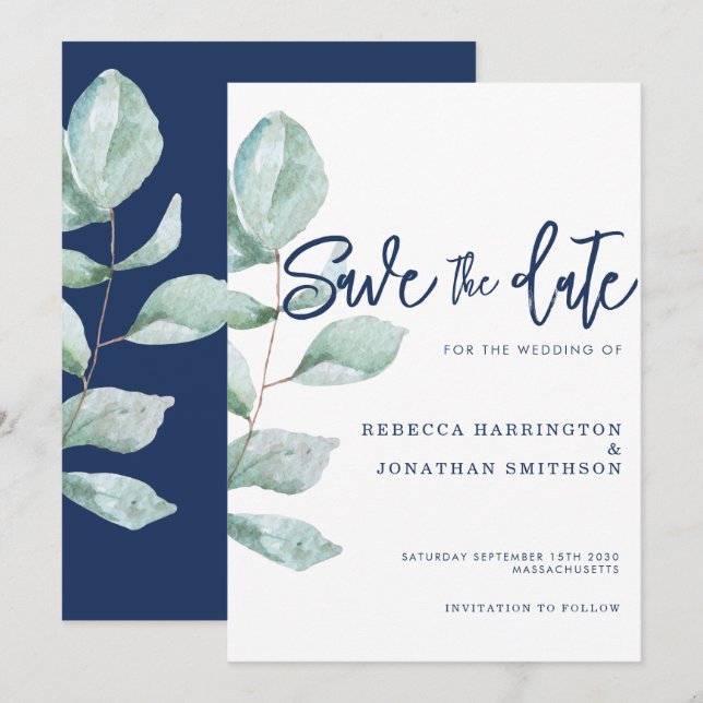 Invitation Mariage bleu minimal Eucalyptus Navy Économisez La (Devant / Derrière)