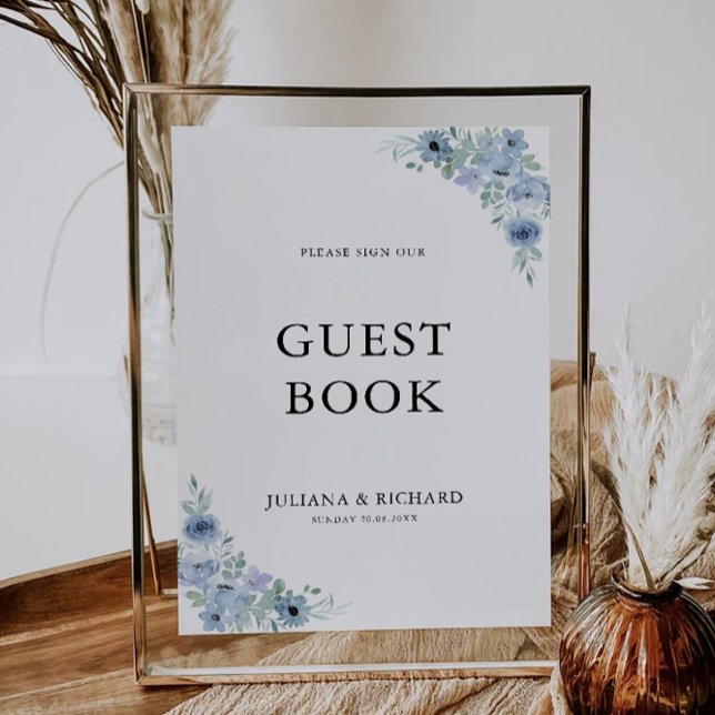 Invitation Mariage Bleu Modèle des signes du livre d'hôtes (Blue Wedding Guest Book Sign Template)