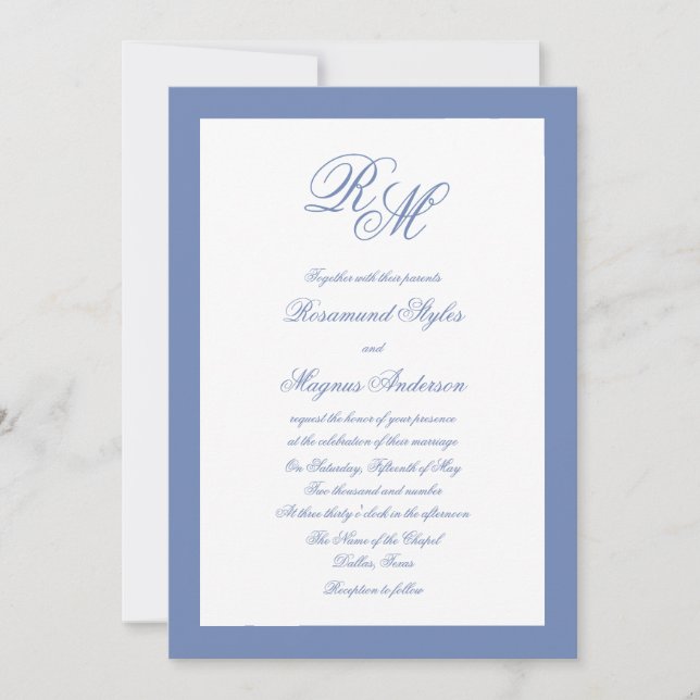 Invitation Mariage bleu monogramme (Devant)