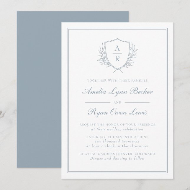 Invitation Mariage bleu monogramme (Devant / Derrière)