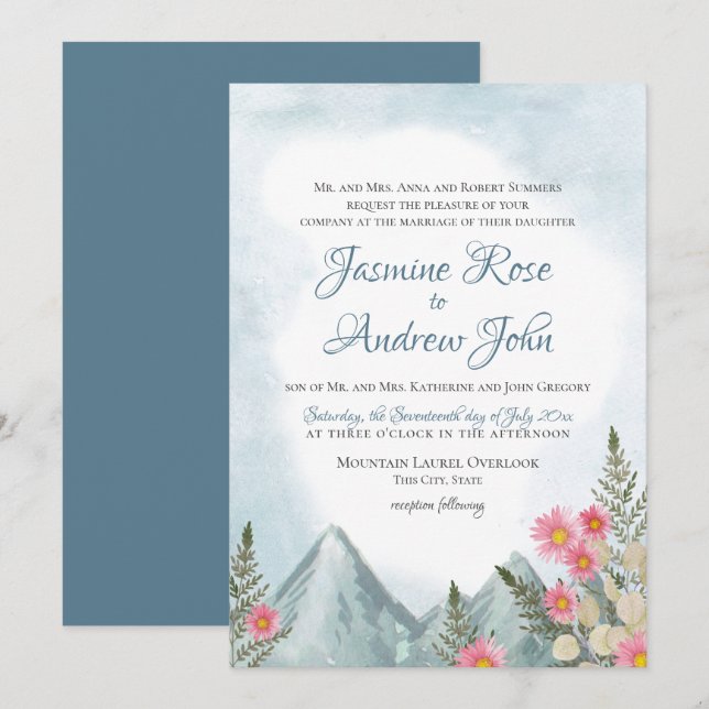 Invitation Mariage bleu Mountain Asters (Devant / Derrière)