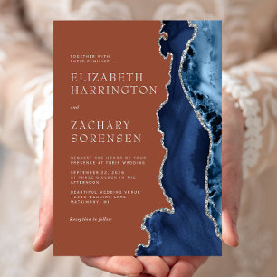 Invitation Mariage Bleu Nuit Agate Argentée Orange Brûlé