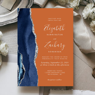 Invitation Mariage Bleu Nuit Argent Agate Orange Brûlé Modern