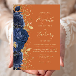 Invitation Mariage Bleu Nuit Or Orange Brûlée Floral