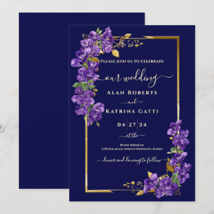 Invitation Mariage Bleu Nuit Violettes Violettes Cadre Doré