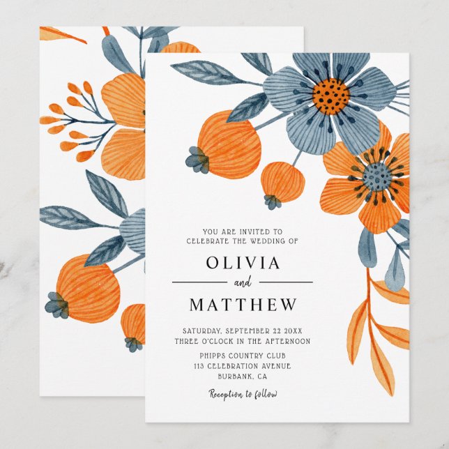 Invitation Mariage bleu orange fleuri Boho gras (Devant / Derrière)