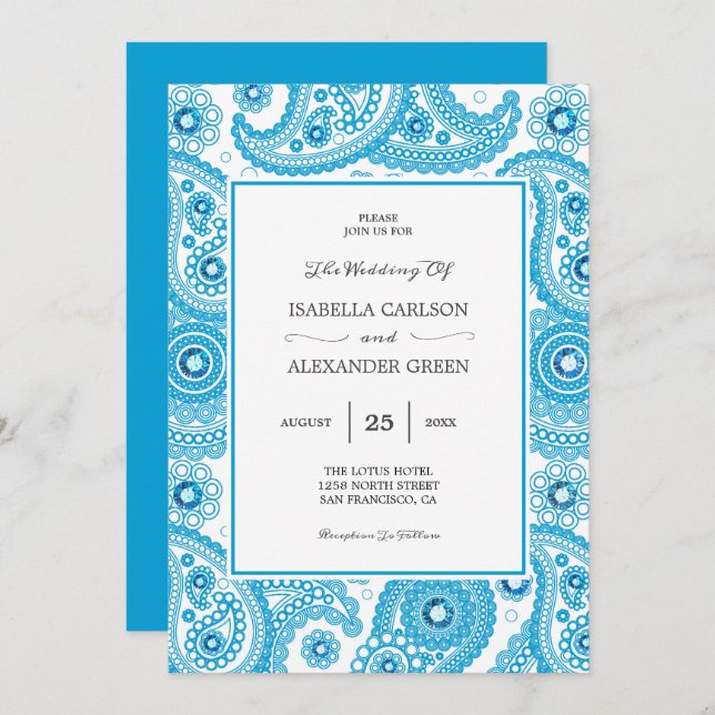 Invitation Mariage bleu Paisley avec diamants (Devant / Derrière)