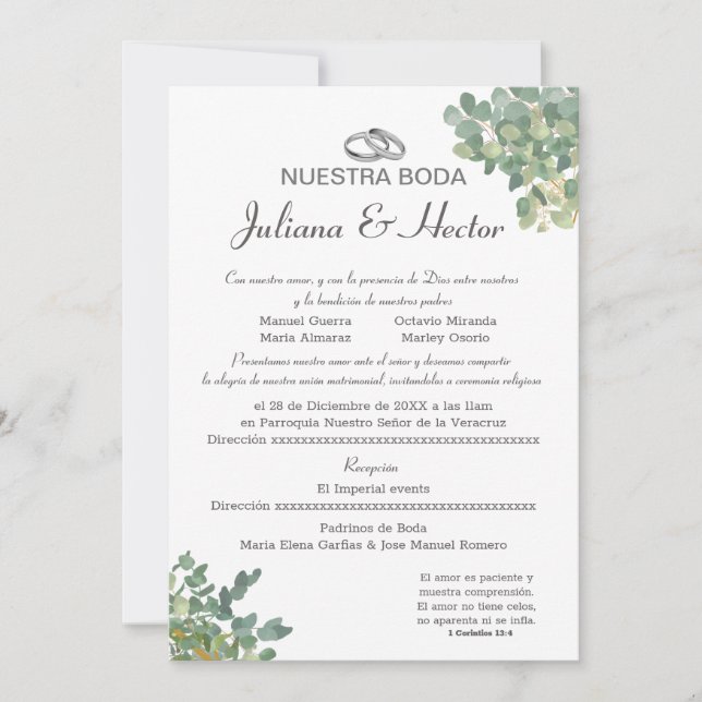 Invitation Mariage Bleu Pastel et Greenery  (Devant)
