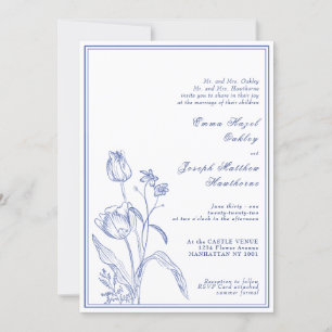 Invitation Mariage bleu pastel vintage Régence botanique