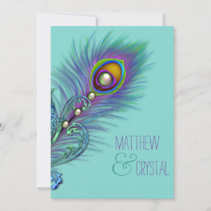 Invitation Mariage bleu pourpre et turquoise de paon