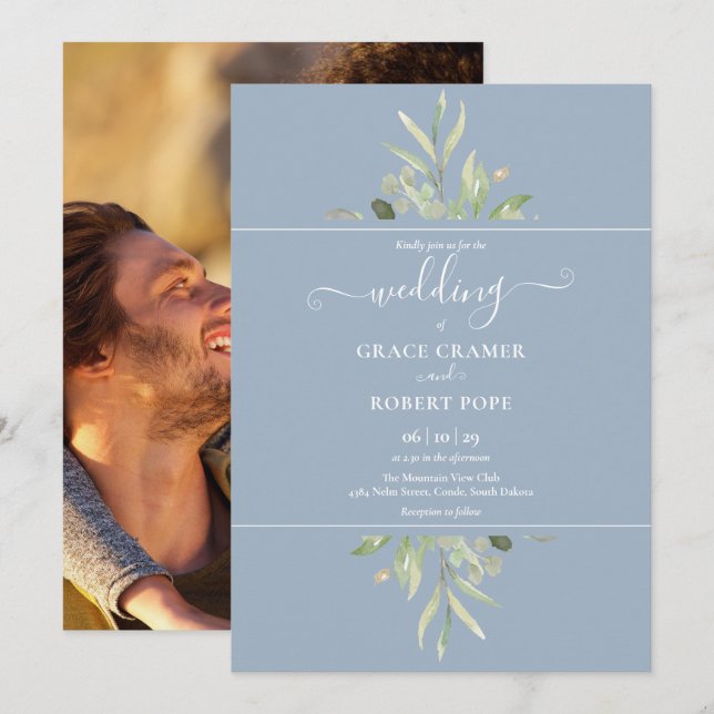 Invitation Mariage Bleu Poussiéreux de Végétal de Photo de Sc (Devant / Derrière)