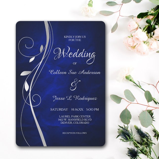 Invitation Mariage bleu profond à la feuille d'argent (Créateur téléchargé)