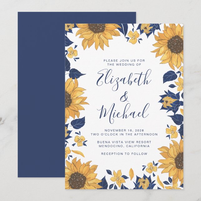 Invitation Mariage bleu Tournesol moderne (Devant / Derrière)