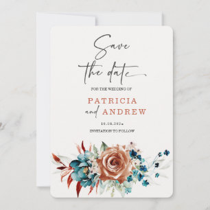 Invitation Mariage Bleu Vert et Orange Brûlé : Épargnez la Da