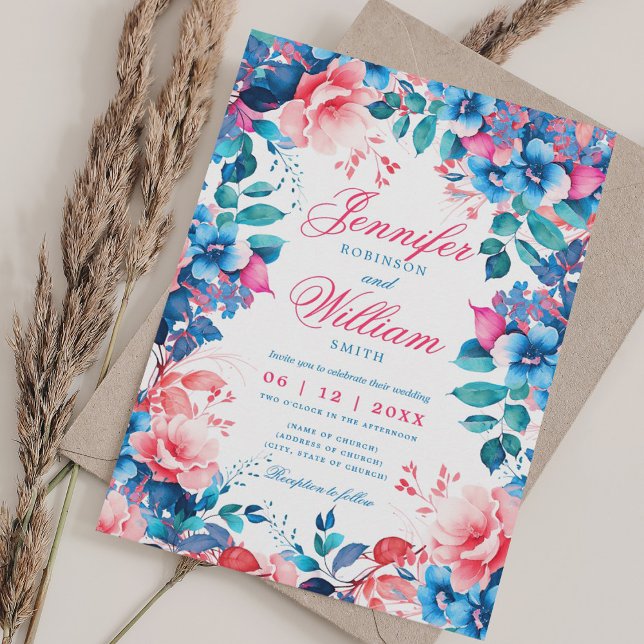 Invitation Mariage bleu vibre romantique à la florale avec RS (Romantic Floral Vibrant Blue Wedding w/ QR RSVP Invitation)