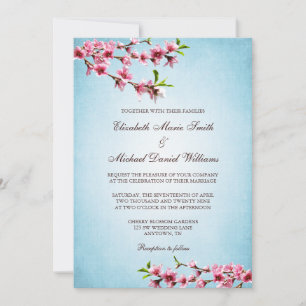 Invitation Mariage bleu Vintage en fleurs de cerisiers roses