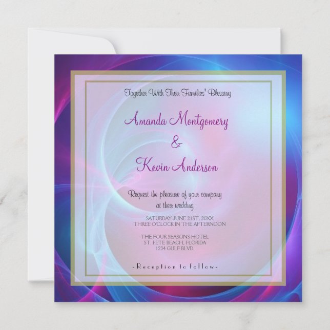 Invitation Mariage Bleu Violet et Rose Cosmic Swirly Fracta (Dos)