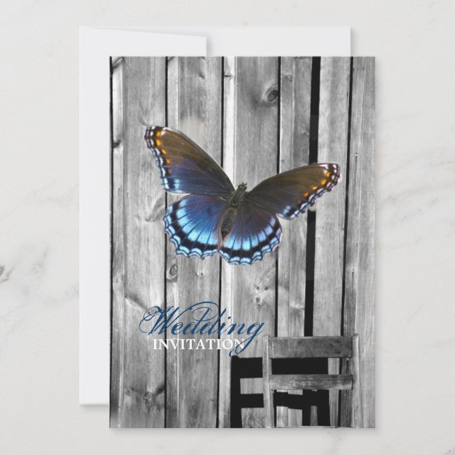 Invitation Mariage BLue Butterfly en bois gris (Devant)