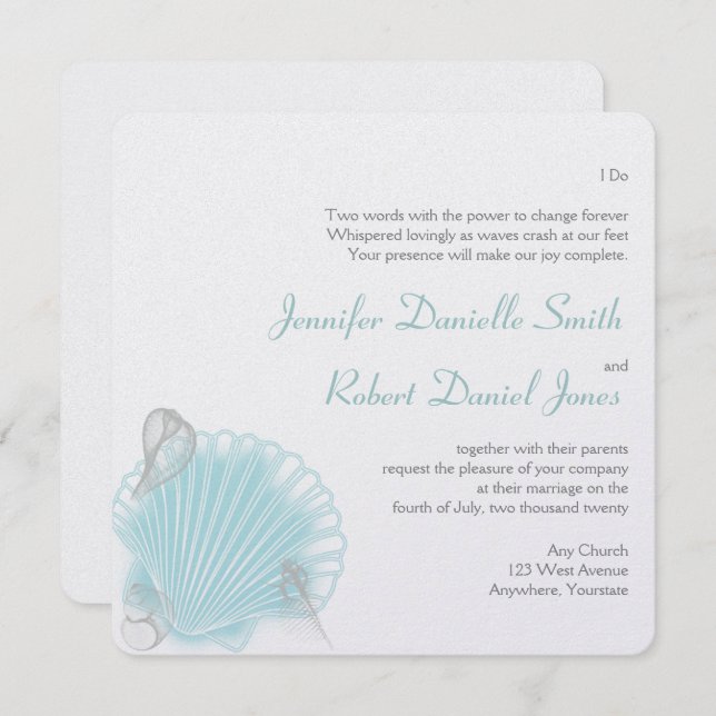 Invitation Mariage Blue Seashell Beach (Devant / Derrière)