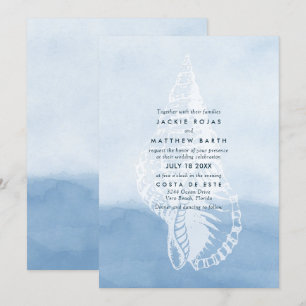 Invitation Mariage Blue Watercolor Beach Seashell