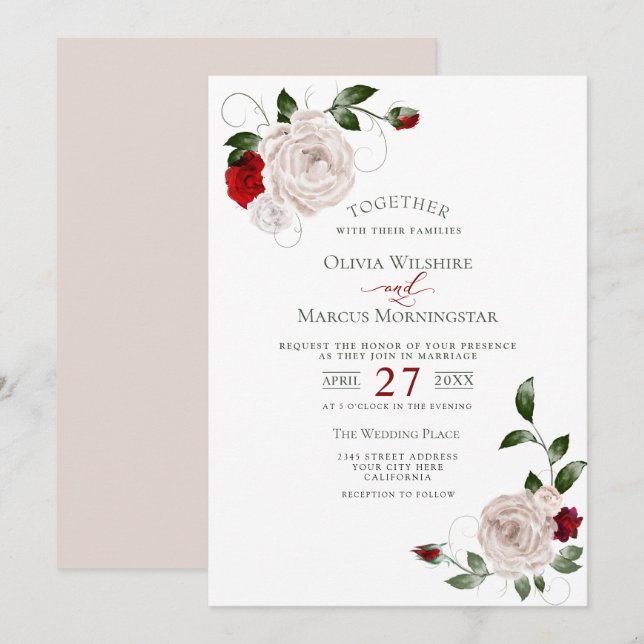 Invitation Mariage | Blush Dusty Rose et Cabernet Floral (Devant / Derrière)
