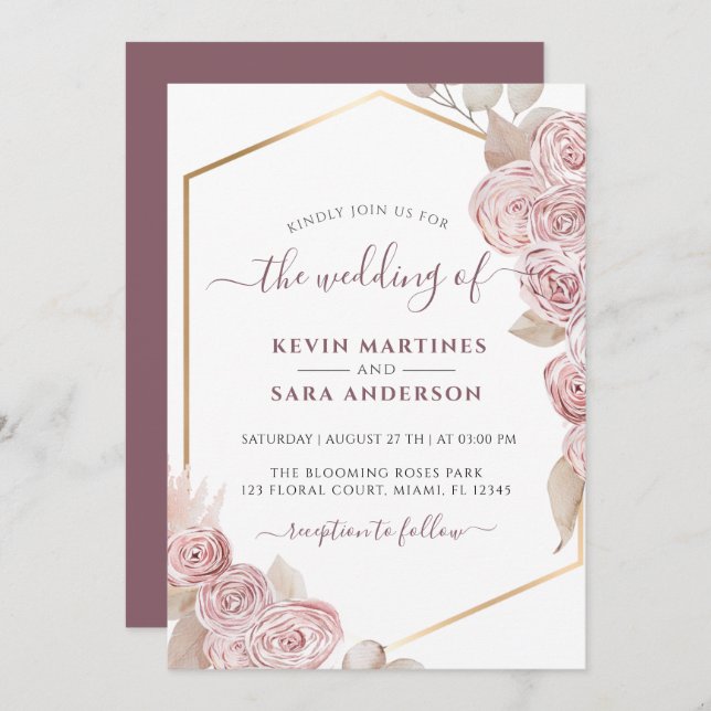 Invitation mariage Blush Rose Floral Or (Devant / Derrière)