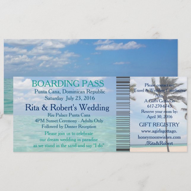 Invitation Mariage Boarding Pass Ticket Beach Destination (Devant / Derrière)