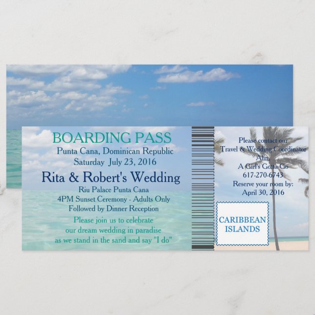 Invitation Mariage Boarding Pass Ticket Beach Destination (Devant / Derrière)