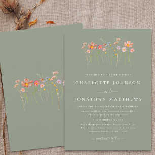 Invitation Mariage Bohème Automnal Fleurs Sauvages Vert Sauge