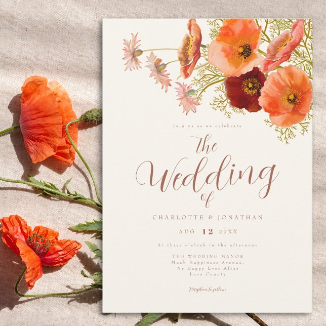 Invitation Mariage Bohème aux Fleurs Sauvages (Boho wildflower wedding invitation with elegant script orange and brown watercolor florals)