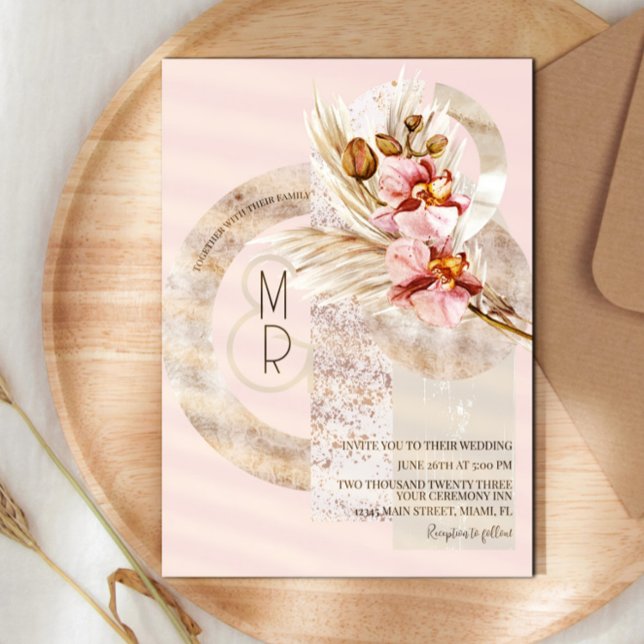 Invitation Mariage Bohème Beige Rose Monogram Pampas  (Créateur téléchargé)