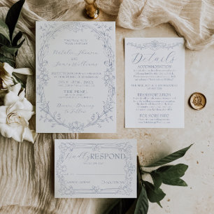 Invitation Mariage Bohème Bleu Poussiéreux de Luxe à l'Ancien