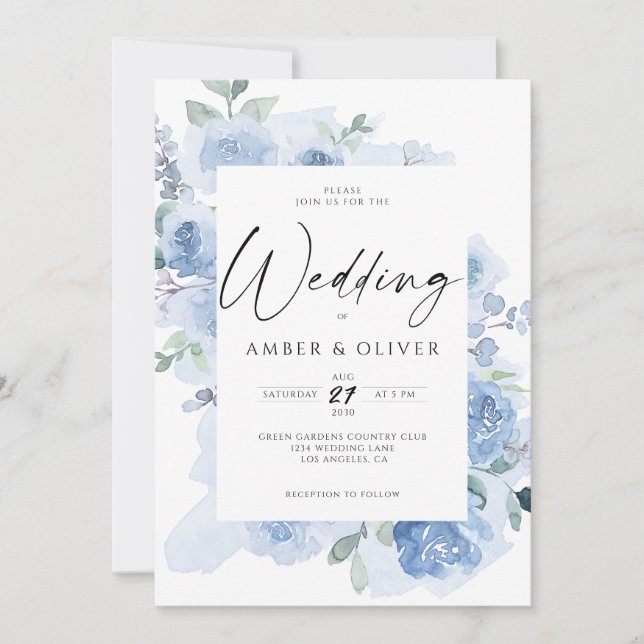 Invitation Mariage Bohème Bleu Poussiéreux Élégant Floral Cla (Devant)