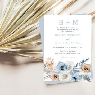 Invitation Mariage Bohème Bleu Poussiéreux Monogramme