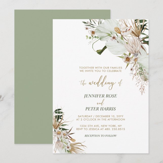 Invitation Mariage Bohème Botanique Automnal Vert & Or Invita (Devant / Derrière)