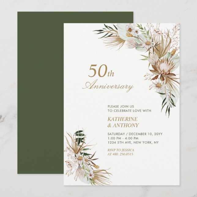 Invitation Mariage Bohème Botanique Vert & Or Anniversaire de (Devant / Derrière)
