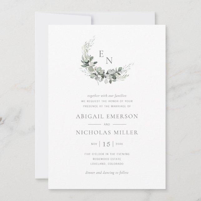 Invitation Mariage Bohème Chic Aquarelle Eucalyptus (Devant)