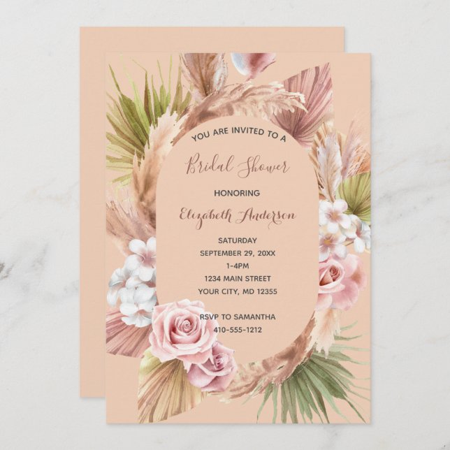 Invitation Mariage Bohème Chic Fleurs Tendances pour une Mari (Devant / Derrière)