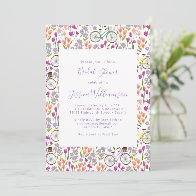 Invitation Mariage Bohème Chic Vélo Floral Script (Debout devant)