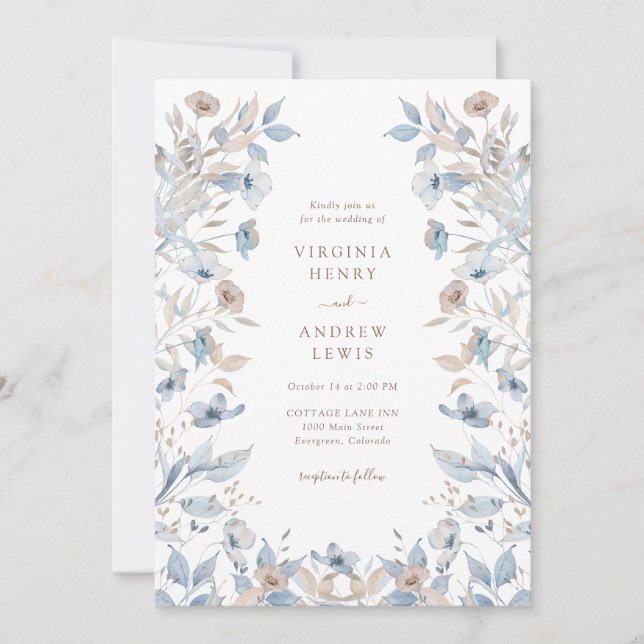 Invitation Mariage Bohème Fleur Bleu (Devant)