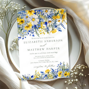 Invitation Mariage Bohème Fleuris Bleu Jaune Daisy