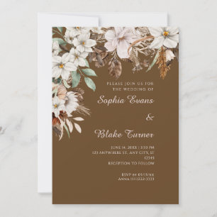 Invitation Mariage Bohème Fleurs Blanches Automne Brun Foncé