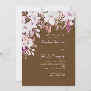 Invitation Mariage Bohème Fleurs Blanches Automne Brun Foncé