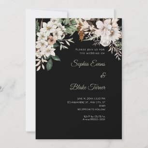 Invitation Mariage Bohème Fleurs Blanches Hiver Noir