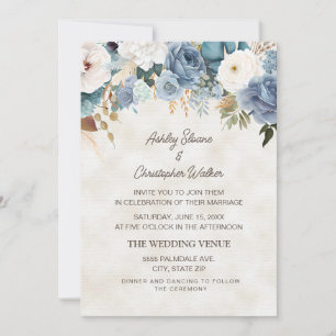 Invitation Mariage Bohème Fleurs Bleu Poussiéreux Blanc Crème